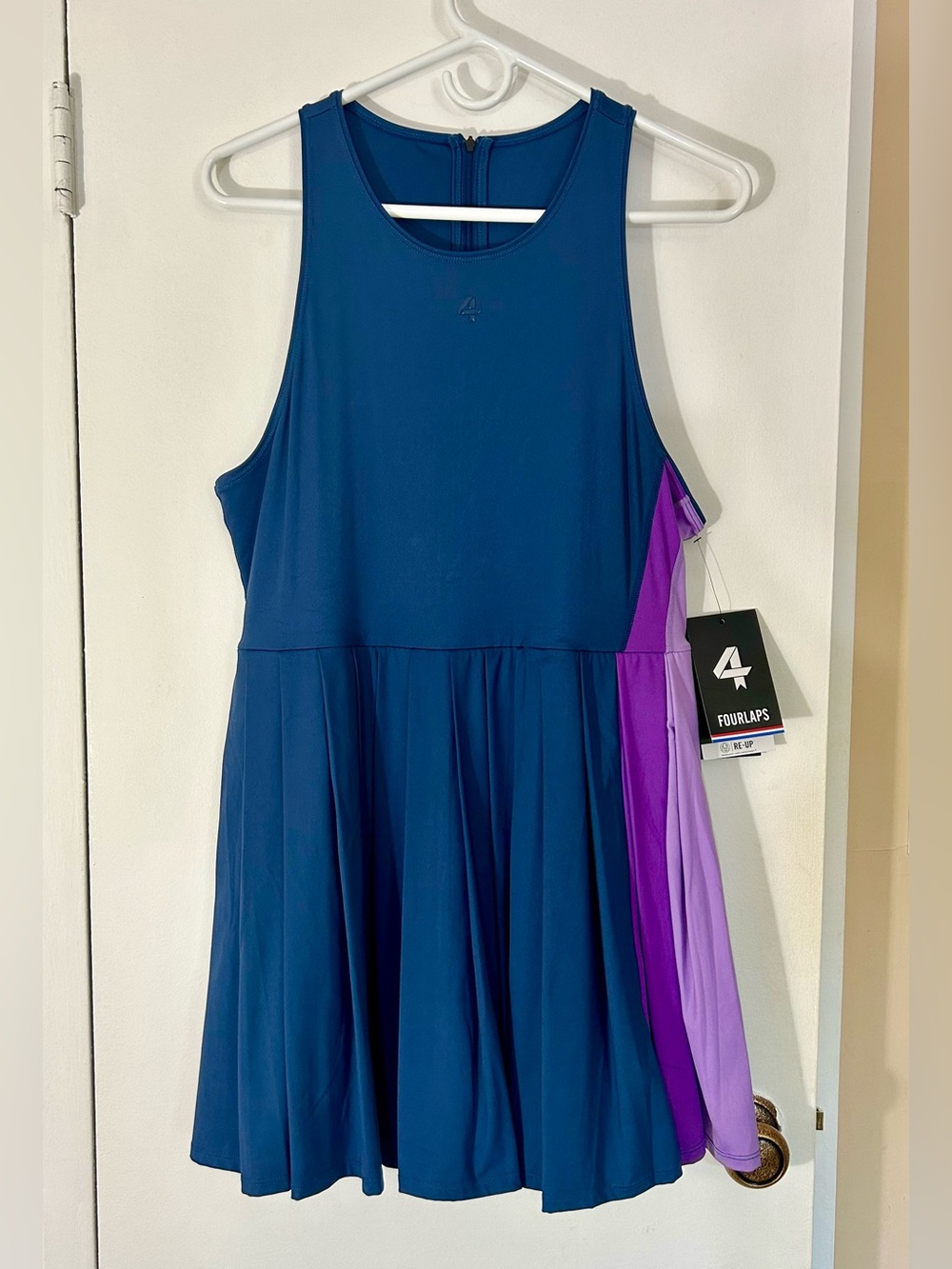 FourLaps Swift Dress Blue Pleated Tennis Dress, Purple Panel, Women’s Large - Picture 4 of 16